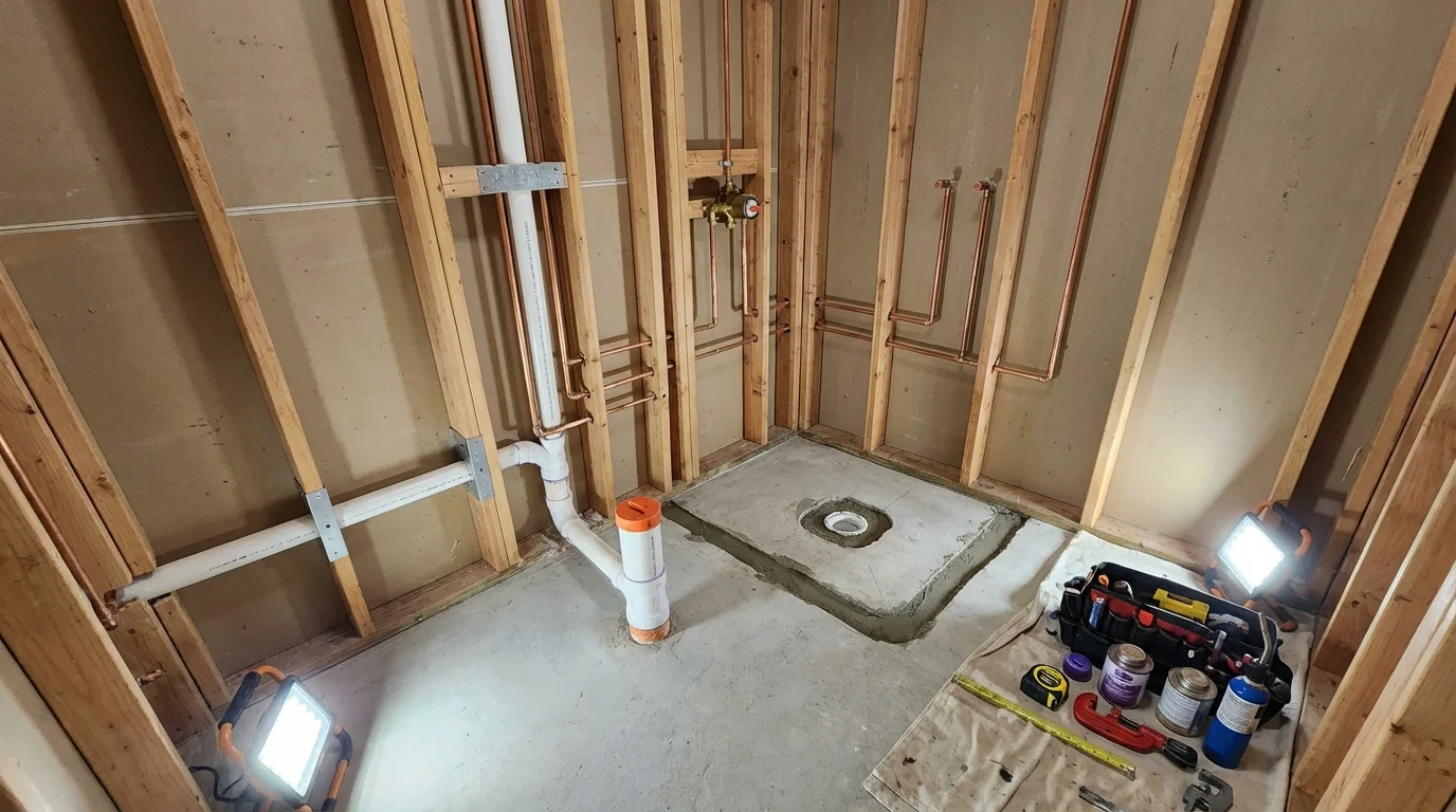 Bathroom rough-in plumbing during remodel by Johns Plumbing LLC in North Conway