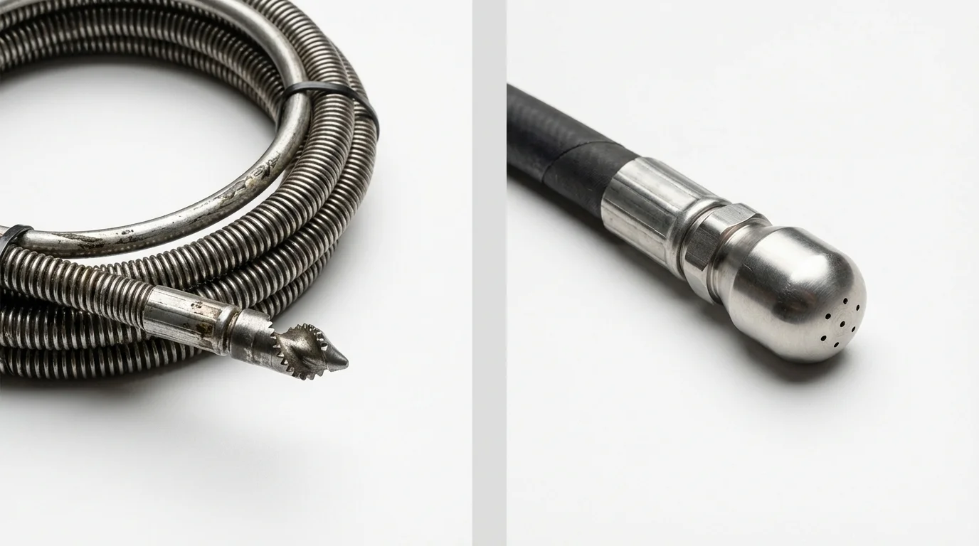 Drain snake cable and hydro jetting nozzle used for drain cleaning in North Conway, NH