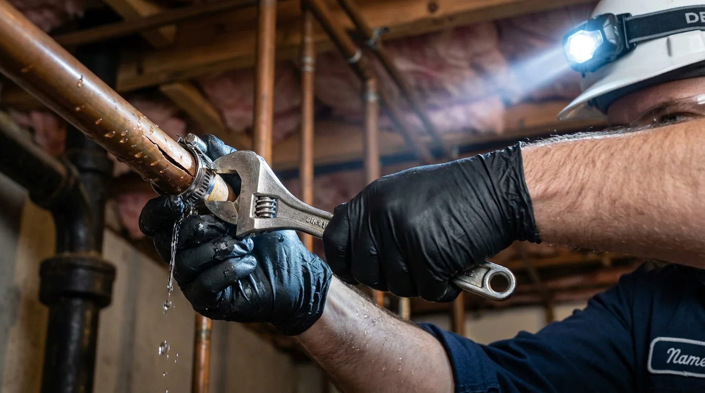 Emergency pipe clamp repair being performed by a Johns Plumbing LLC plumber in North Conway
