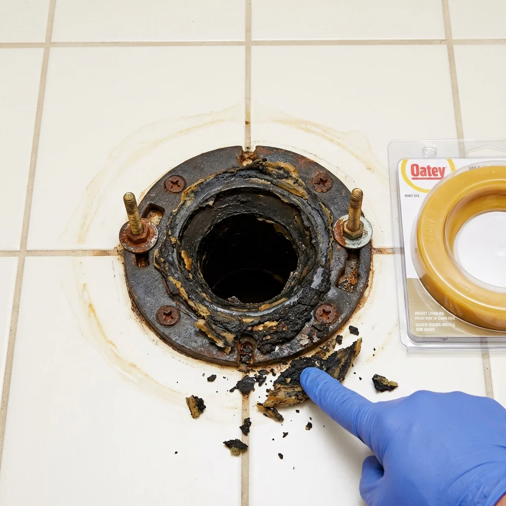 Failed wax ring showing water seepage at the base of a toilet in a North Conway, NH home