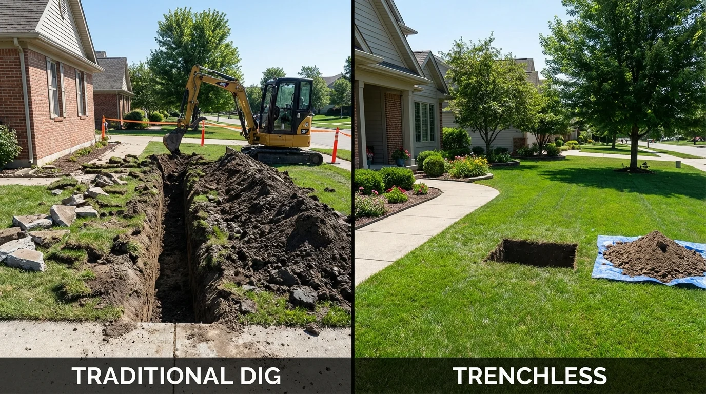 Trenchless sewer repair with minimal yard damage versus traditional excavation in North Conway, NH
