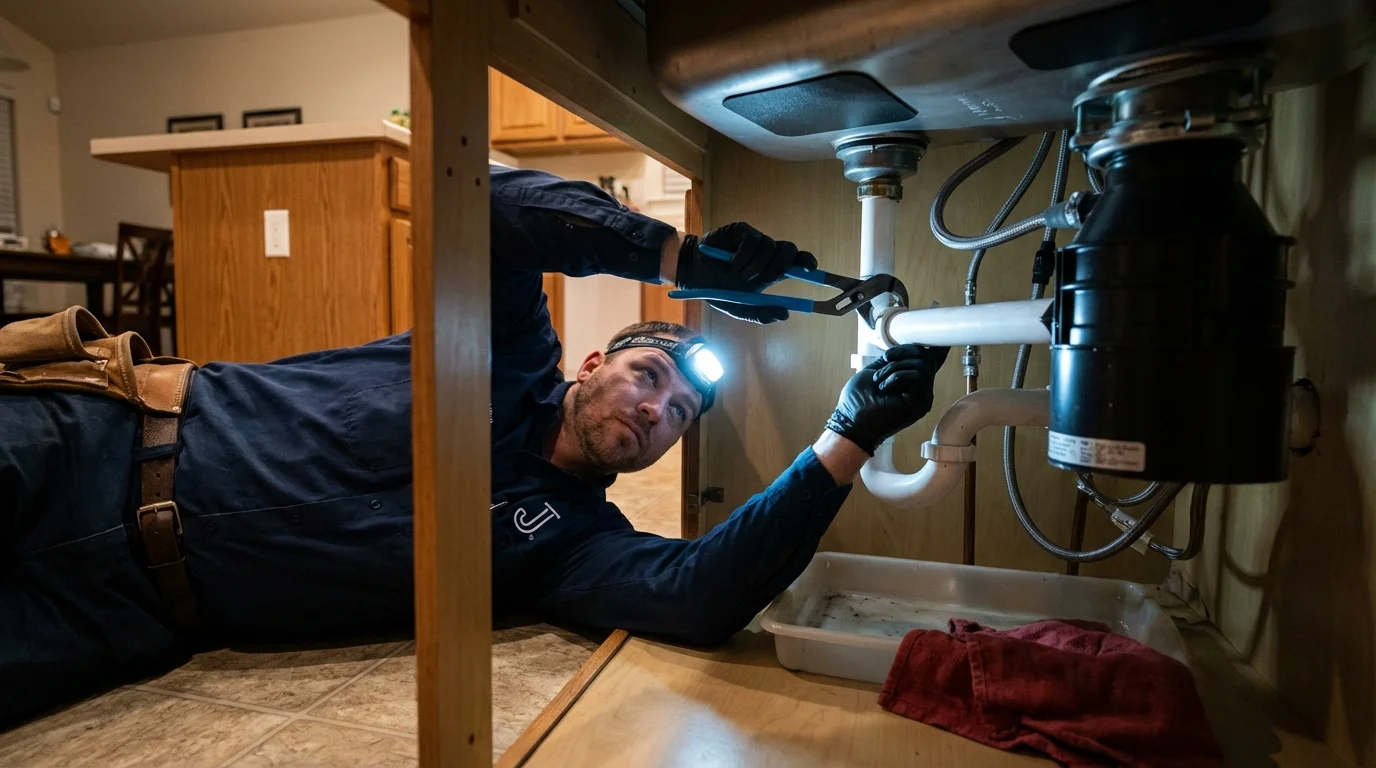 P-trap and supply line connections under a kitchen sink showing a common leak point in North Conway, NH